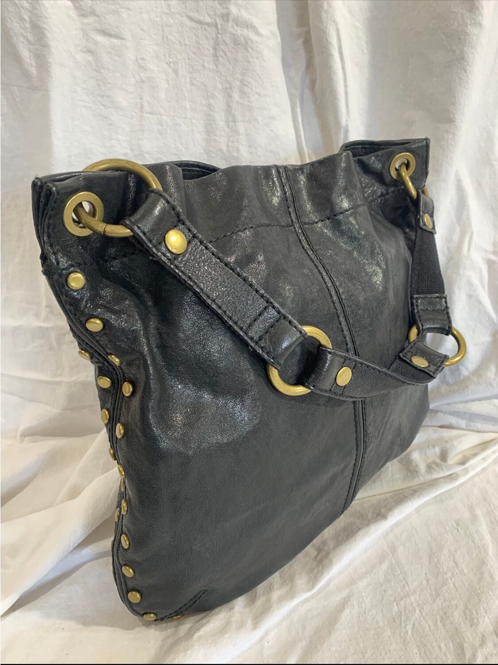 Fossil Black Leather Studded Tote Bag with Brass Accents